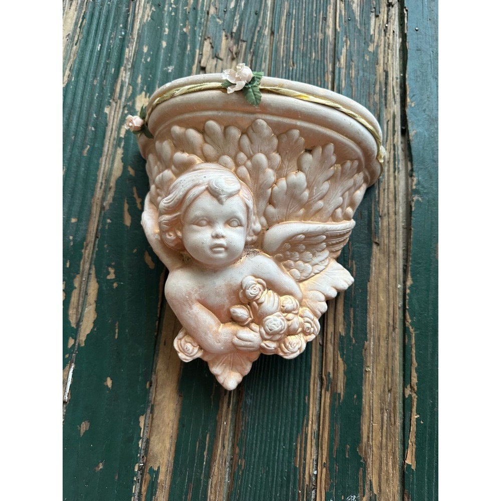 Cottagecore Cherub Wall Pocket shelf Angel Rose Terracotta Color Shabby Chic